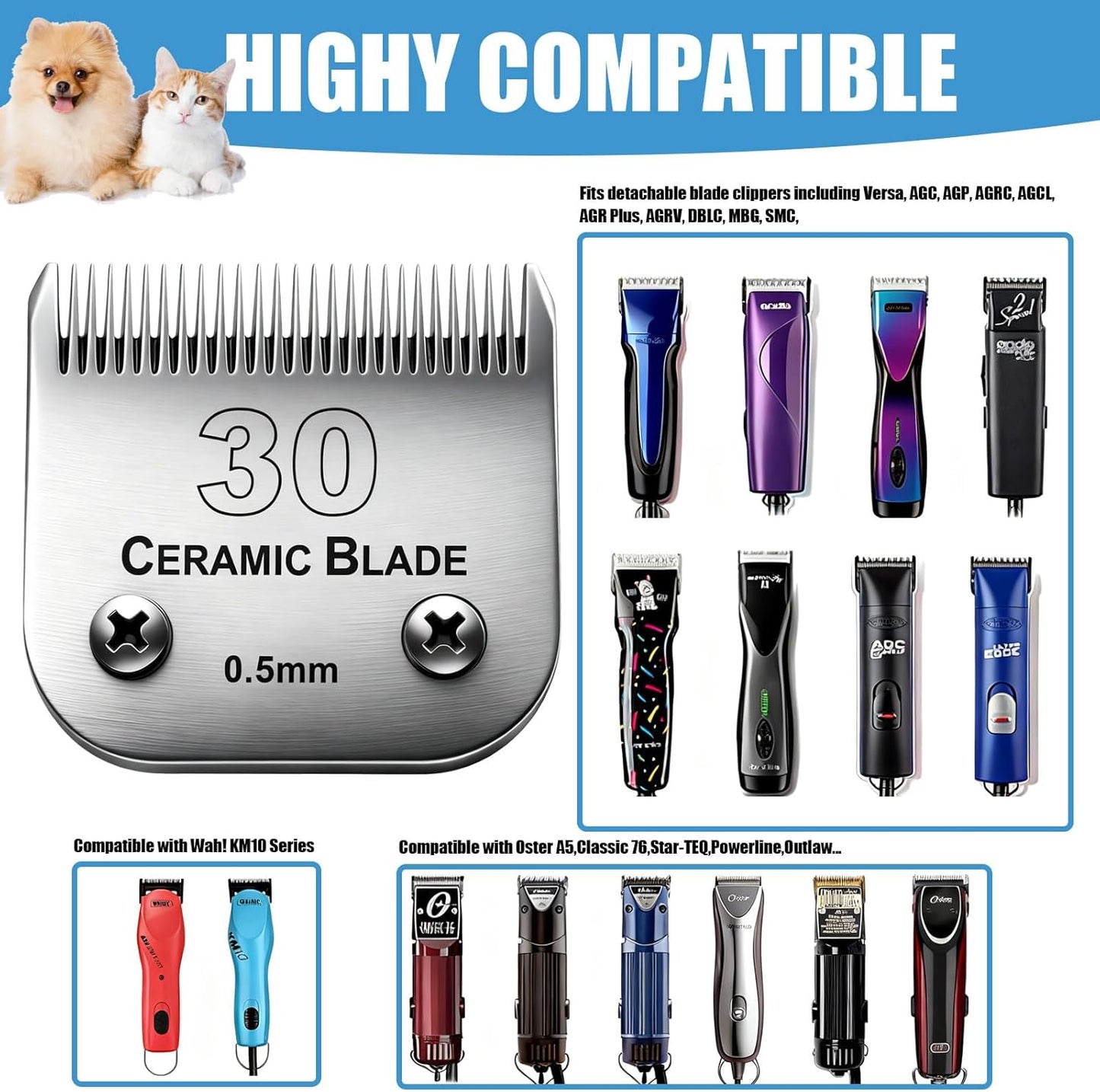 Dog Grooming Replacement Blades Compatible with Andis Dog Clipper, Dog Clipper Blades Compatible with Oster A5,Wahl KM-10 Series Dog Clipper,#30 Blades (0.5mm)