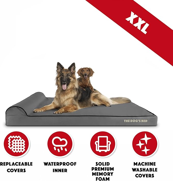 The Dog’s Bed Orthopedic Headrest Dog Bed XXL Grey/Black, Memory Foam, Pain Relief for Arthritis, Hip & Elbow Dysplasia, Post Surgery, Lameness, Waterproof Washable Cover