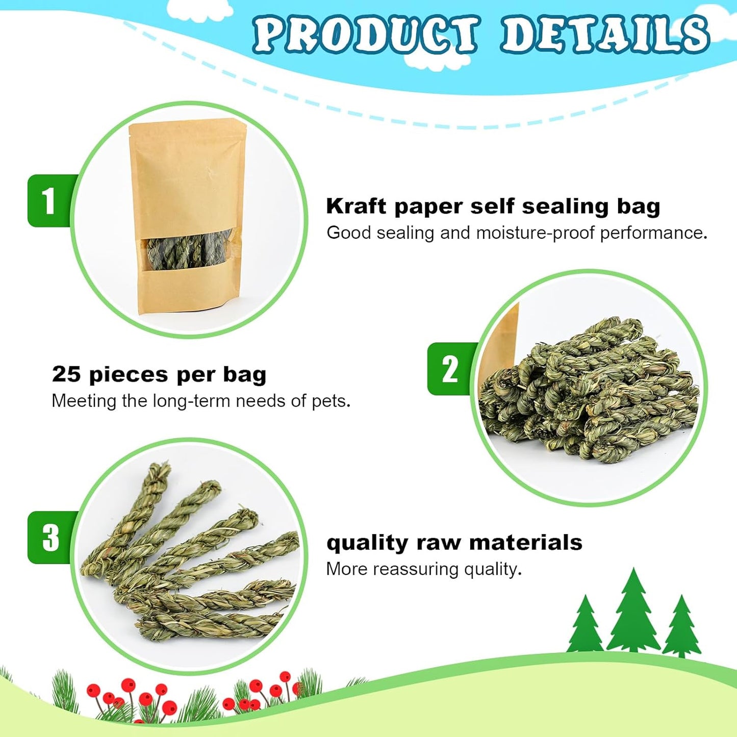 25pcs Rabbit Timothy Hay Toy for Bunny Small Animal Treats Natural Grass Stick Chew Toys Snacks Molar Teeth Grinding for Guinea Pigs Chinchillas Hamsters