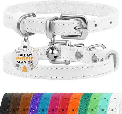 BRONZEDOG Leather Cat Collar with Removable Bells Non Breakaway Kitten QR Tag for Girl Boy (9" - 12" Cats/Mini Dogs, White & Silver)