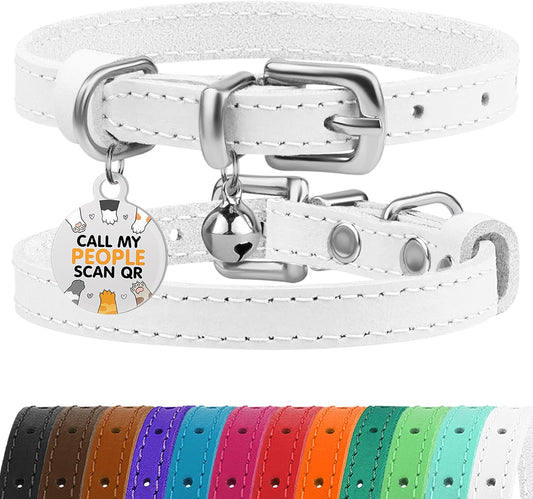 BRONZEDOG Leather Cat Collar with Removable Bells Non Breakaway Kitten QR Tag for Girl Boy (9" - 12" Cats/Mini Dogs, White & Silver)