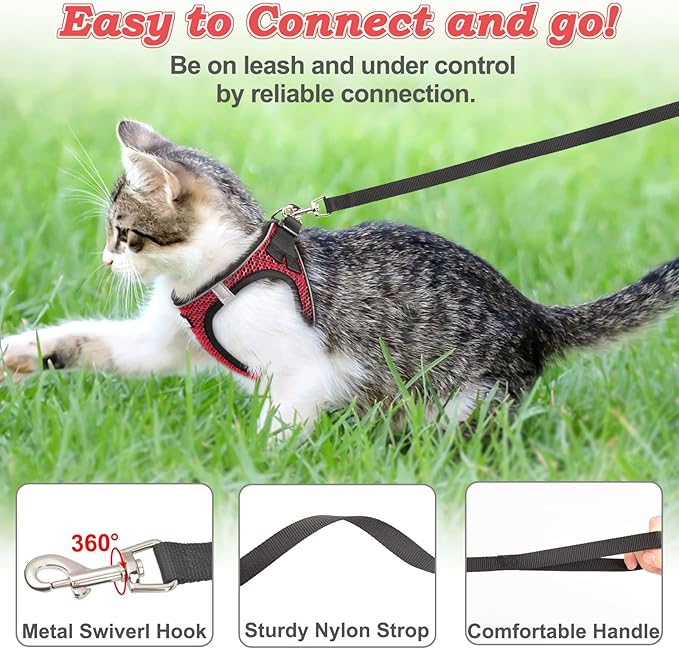 Cat Harness and Leash for Walking Escape Proof, Adjustable Kitten Vest Harness Reflective Soft Mesh Puppy Harness for Outdoor, Comfort Fit, Easy to Control (Red, L)