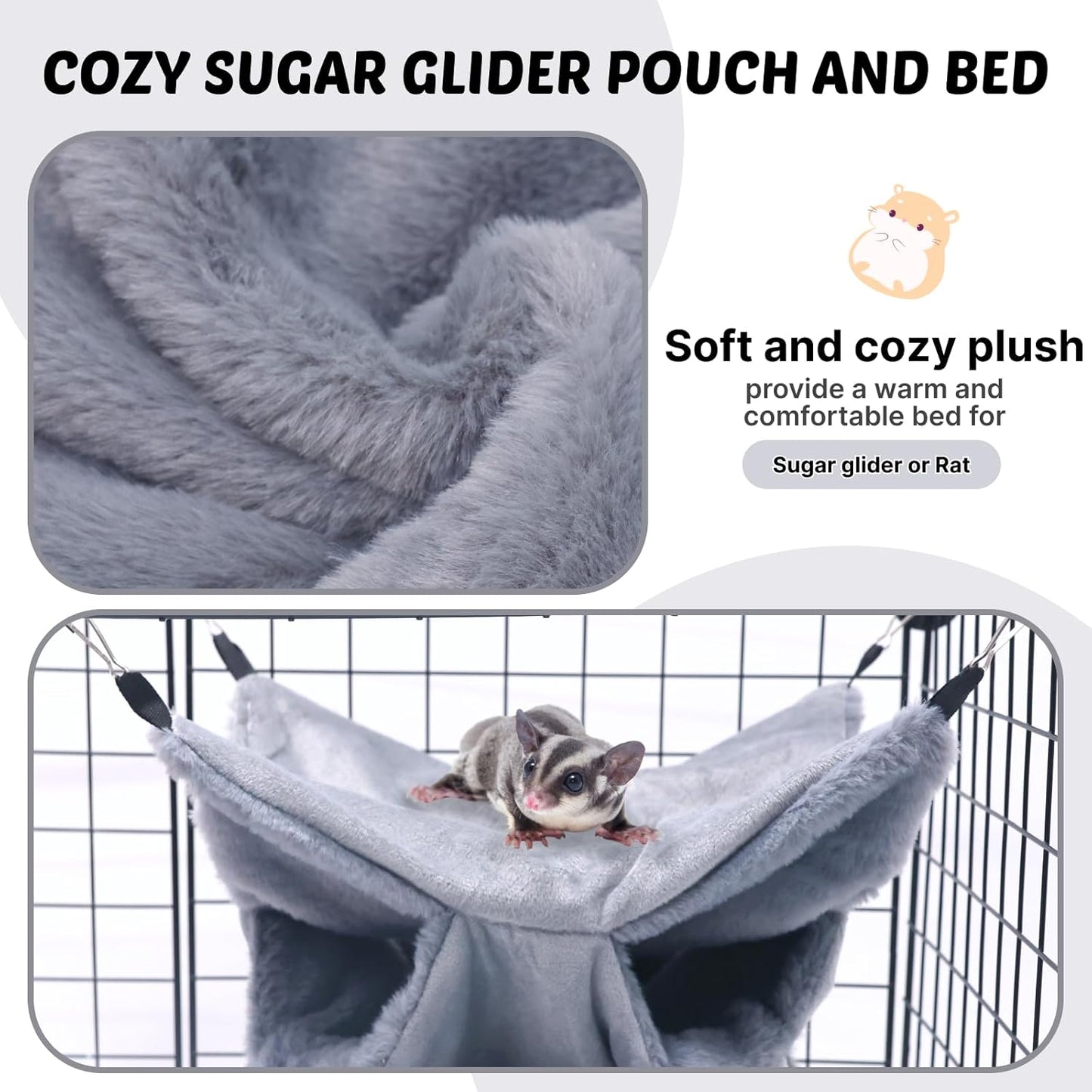 LYART Sugar Glider Pouch Hammock Bed Bedding, Sugar Glider Cage Accessories Toys for Rat, 3-Layer Hammock Make Pet Cages More Three-Dimensional (1.Grey)