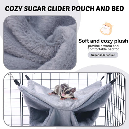 LYART Sugar Glider Pouch Hammock Bed Bedding, Sugar Glider Cage Accessories Toys for Rat, 3-Layer Hammock Make Pet Cages More Three-Dimensional (1.Grey)
