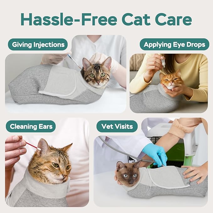 Self-Adhesive Cat Grooming Wrap, Cozy Cat Wrap for Cutting Nails, Breathable Anti-Scratch Cat Swaddle Bag for Brushing, Ear Cleaning, Dental Care, Medication, Injections, Grey S