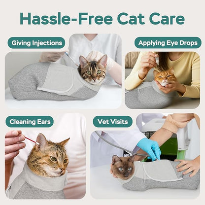 Self-Adhesive Cat Grooming Wrap, Cozy Cat Wrap for Cutting Nails, Breathable Anti-Scratch Cat Swaddle Bag for Brushing, Ear Cleaning, Dental Care, Medication, Injections, Grey S