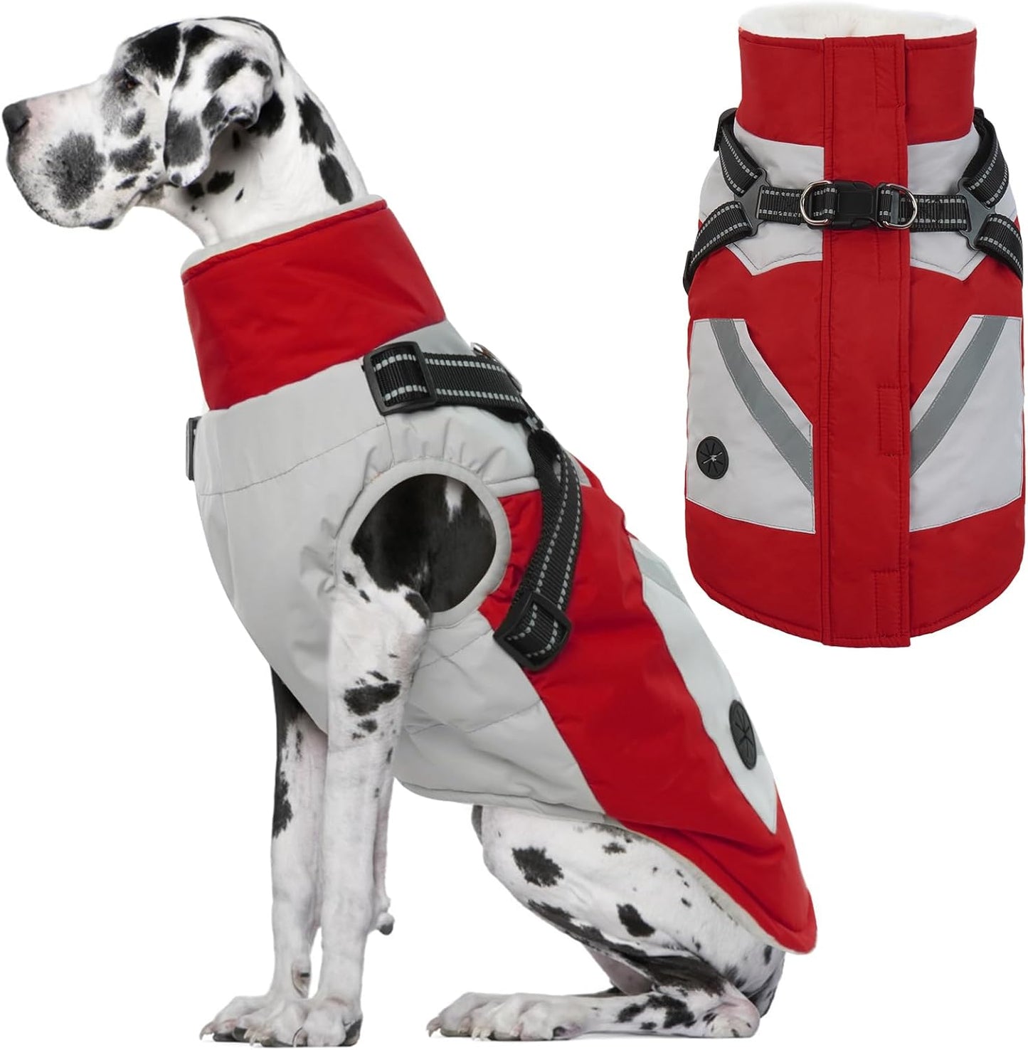 IECOii Large Dog Coat with Harness Built in,Reflective Waterproof Dog Coat for Giant Breeds - Zip Up Fleece Jacket for Dogs,Great Dane Winter Coats Warm Snowsuit for Cold Weather, Red, 4XL