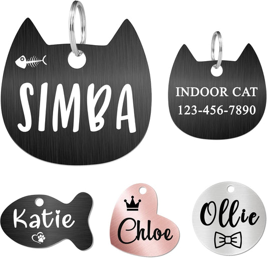 Ultra Joys Cat ID Tag Personalized Pet Tags, Durable Stainless Steel Small Pet Mini Dog Cat Tag Lightweight - Cathead Tag in Black