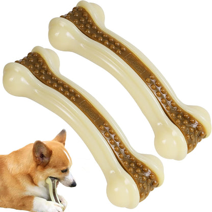 Dog Chew Toys for Aggressive Chewers, 2 Pack Beef Flavor Tough Dog Bones for Large/Medium Breed Dogs, Nylon Dog Toys for Teething and Training