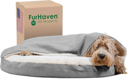 Furhaven 35" Round Orthopedic Dog Bed for Large/Medium Dogs w/ Removable Washable Cover, For Dogs Up to 50 lbs - Sherpa & Suede Snuggery - Gray, 35-inch