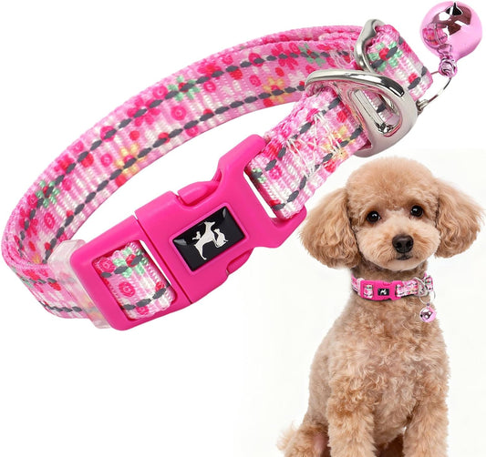 Pink Small Dog Collar with Bell - Reflective Soft Kitten-Safe Collar for Tiny Dogs, Adjustable Flower Pattern Nylon Collar for Teacup Chihuahua Pomeranian Kittens (Small Flower)