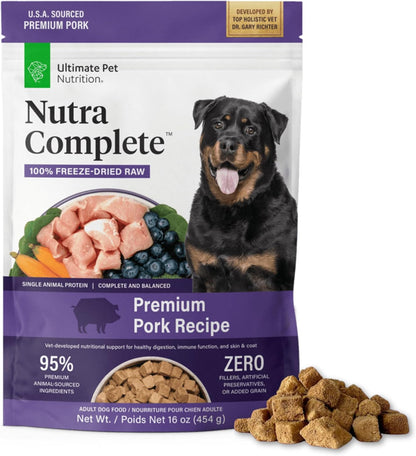 ULTIMATE PET NUTRITION Nutra Complete, 100% Freeze Dried Veterinarian Formulated Raw Dog Food with Antioxidants Prebiotics and Amino Acids, (1 Pound, Pork)