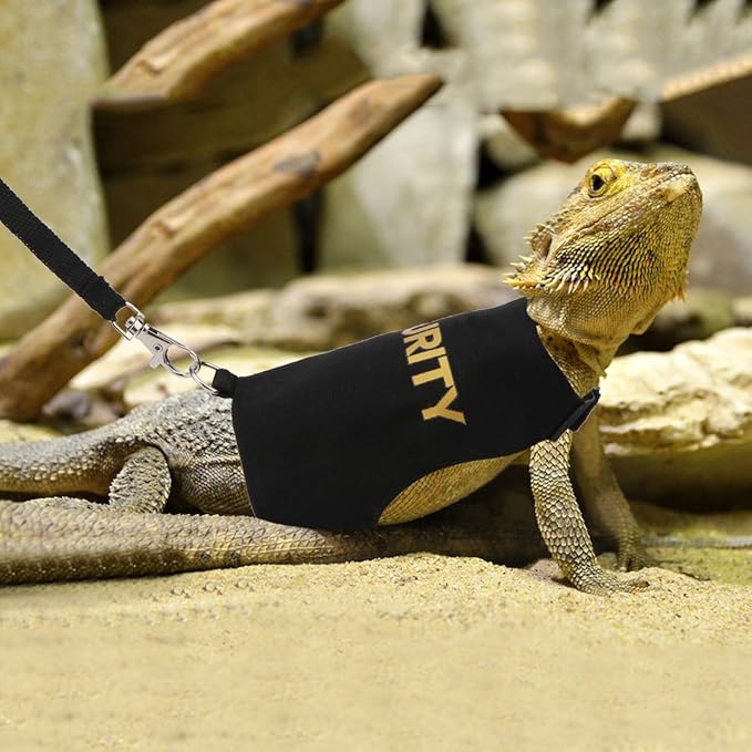 Hypeety Bearded Dragon Harness and Leash Set Adjustable Escape Proof Leash Outdoor Walking Training Leash and Harness for Bearded Dragon Lizard Reptiles Small Pets Black (Security)