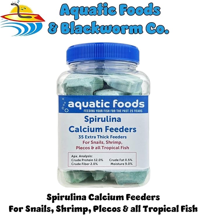 Aquatic Foods Inc. Spirulina Enriched Calcium Feeders for Shrimp, Snails, Crabs, Crayfish, Pleco, Catfish, All Tropical Fish…35 Count Sm Jar