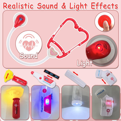 TEUVO Toy Doctor Kit for Girls - Pretend Play Doctor Sets with Dog Toy, Carrying Bag, Stethoscope Toy & Dress Up Costume - Doctor Play Gifts for Kids Toddlers Ages 1 2 3 4 5 6 7 Year Old for Role Play