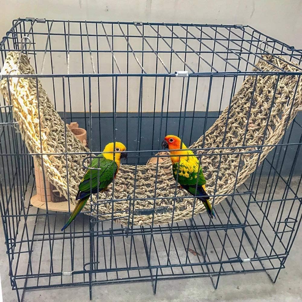 2Pcs Bird Seagrass Mat 30 × 7" Natural Grass Woven Net Hammock with Hooks Climbing Rope Ladder Chew Toys Hanging on Parrot Cage for Lovebird Pigeon Cockatiel Conure Budgie Cockatoo