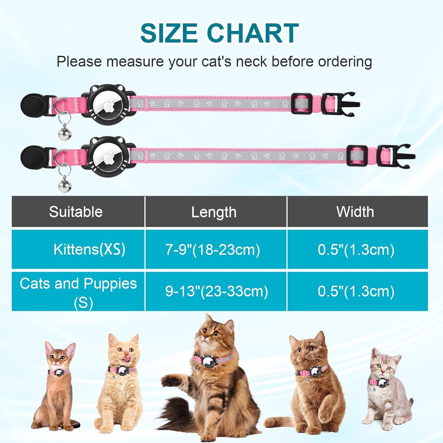 Airtag Cat Collar, Reflective Cat Collar with Apple Air Tag Holder, Breakaway GPS Tracker Pet Collar with Bell for Cat Kitten, Pink, S(9-11 Inch)