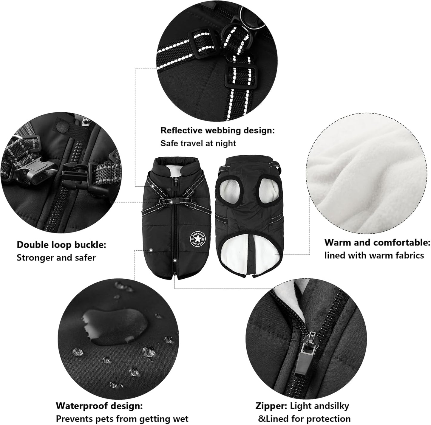 Aiboria Dog Coat for Winter Waterproof Dogs Jackets Windproof Fleece Small Dog Vest Harness Winter Padded Pet Black M