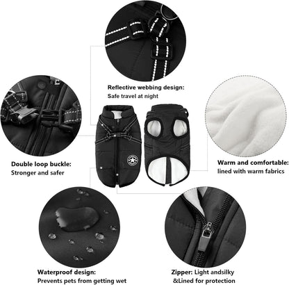 Aiboria Dog Coat for Winter Waterproof Dogs Jackets Windproof Fleece Dog Vest Harness Winter Warm Padded Pet Black 3XL