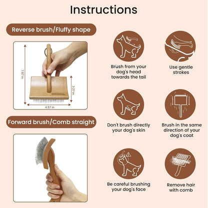 Dog Slicker Brush for Shedding,Dog Brush for Long Haired Dogs & Remove Tangles & Mats,Ergonomic Handle Grooming Like Professional,Beech Wood,L