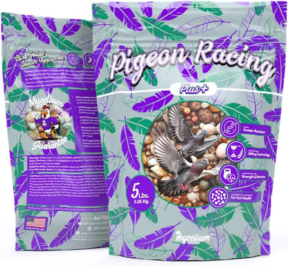Mycelium Pigeon Racing Plus Feed (5 LB Bag) | Organic, High-Protein Racing Pigeon Food with Probiotic Gut Support | Fortified for Strength & Stamina | Debris-Free Bird Seed, Non-GMO, USA Made