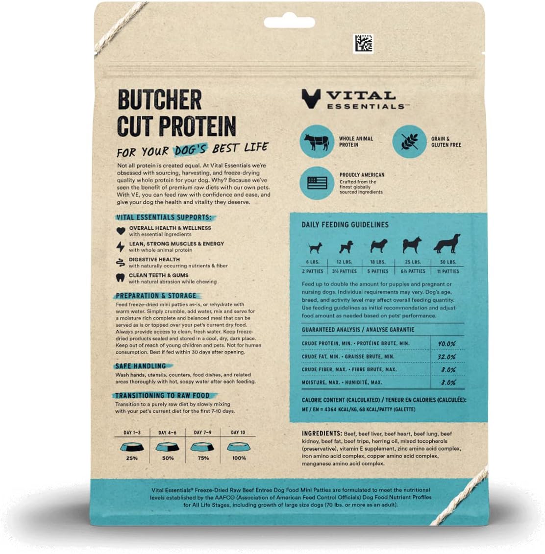 Vital Essentials Freeze Dried Raw Dog Food, Beef Mini Patties Entree, 14 oz