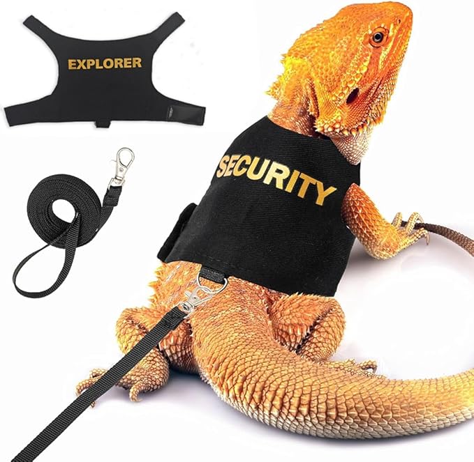 Bearded Dragon Harness and Leash Set - Cute Lizard Reptile Small Animal Adjustable Harness Clothes with Short Leash for Walking Outdoor (Black)