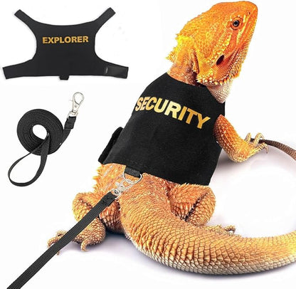 Bearded Dragon Harness and Leash Set - Cute Lizard Reptile Small Animal Adjustable Harness Clothes with Short Leash for Walking Outdoor (Black)