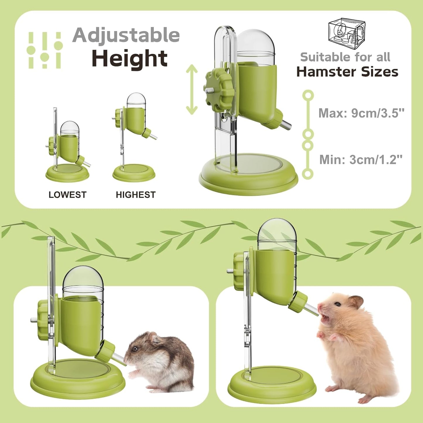 Hamster Water Bottle with Stand, Water Dispenser for Syrian Dwarf Hamsters Gerbils Mice Rats Degus (Green, 4oz)