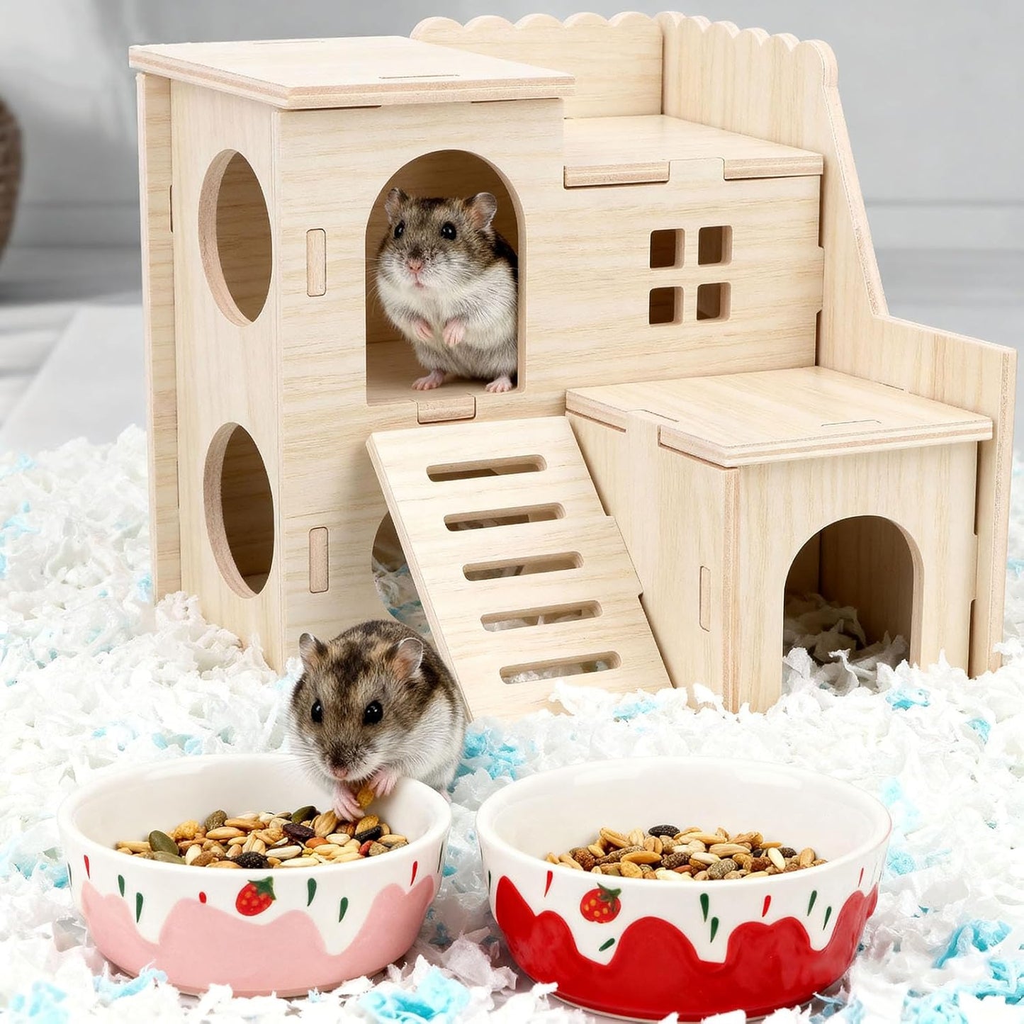 Wontee Hamster Food Bowl 2 Pack Ceramic Food Water Bowl Anti-Tipping for Dwarf Hamsters Gerbil Mice Hedgehog Guinea Pig (Red+Pink)