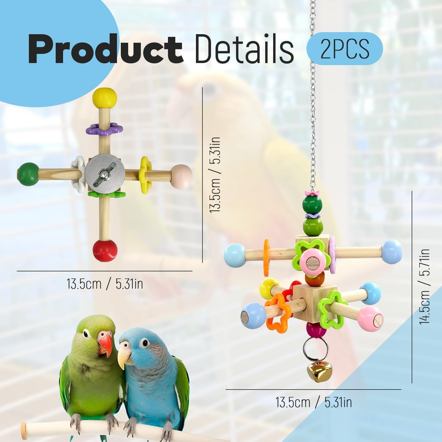 2 Pcs Parakeet Toys, Natural Wood Spinner with Bells, Hanging Cage Accessories for Small Medium Birds to Relieve Boredom and Anxiety