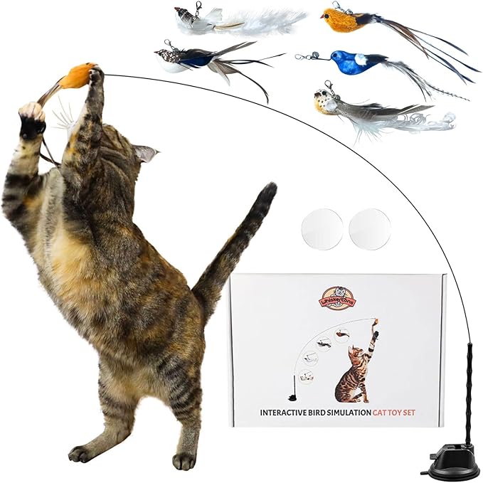 Whiskertons Interactive Bird Simulation Cat Toy Set, Interactive Cat Toys for Indoor Cats, Cat Feather Toy, Self-Holding Suction Base, 5 Replacement Birds, Feathers & Bells, Realistic Bird Impression
