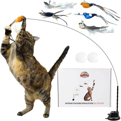 Whiskertons Interactive Bird Simulation Cat Toy Set, Interactive Cat Toys for Indoor Cats, Cat Feather Toy, Self-Holding Suction Base, 5 Replacement Birds, Feathers & Bells, Realistic Bird Impression