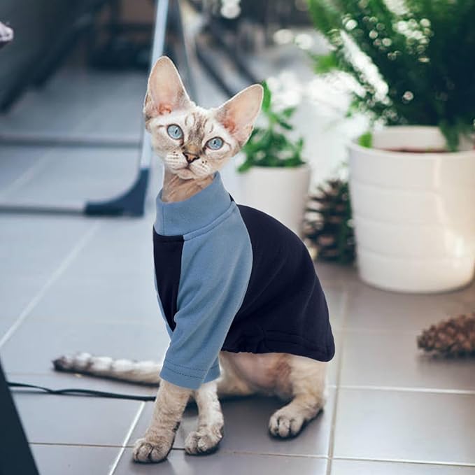 T'CHAQUE Cat Pajamas - Soft Cat Clothes& Shirts & Pajamas with Sleeves, Stretchy Sweater, Pullover Kitten Clothes, Blue, Small