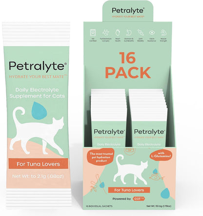 Petralyte Cat Hydration Electrolyte and Cat Joint Supplement | Hydration Support for Cats w/Glucosamine, Chondroitin, L-Glutamine, Taurine, Lysine & Prebiotics | for Tuna Lovers | 16 Packets