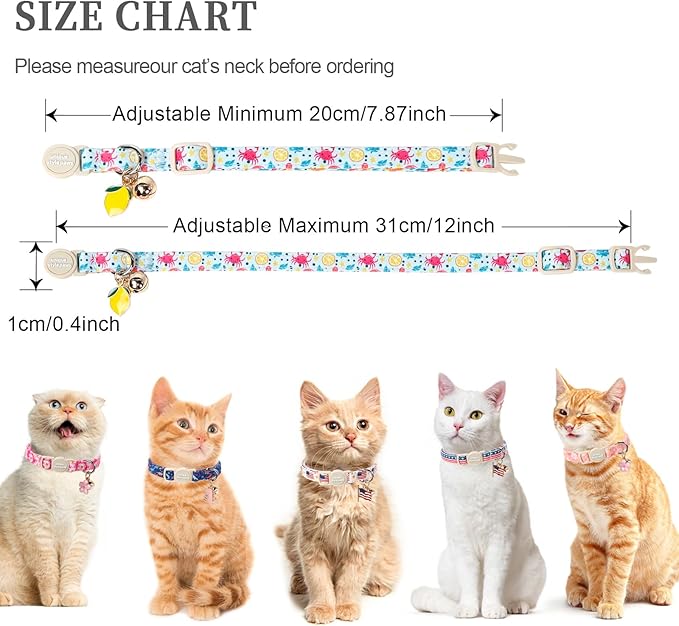 Unique style paws 2 Pack Spring Summer Kitten Collar Breakaway with Bell&Pendant, Adjustable Safety Blue Lemon Dinosaur Cat Cotton Collar for Girl Boy Cat and Small Pet