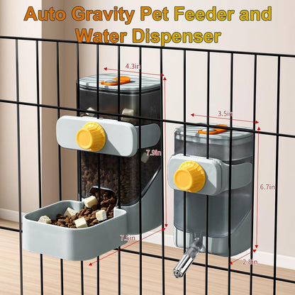 Rabbit Automatic Food Feeder and Water Dispenser Bunny Gravity Feeding Station Waterer Set Hanging Self-Dispensing Feeder for Ferret,Guinea Pigs Chinchillas Hedgehog (Grey)