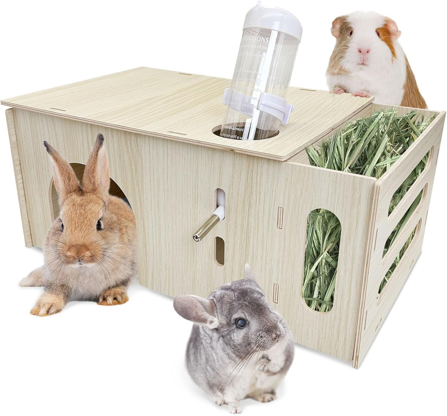 Hamiledyi Guinea Pig Hideout with Hay Feeder and Water Bottle Natural Wooden Chinchilla House Bunny Castle Small Animal Hideout for Rabbit Chinchilla Bunny and Guinea Pig