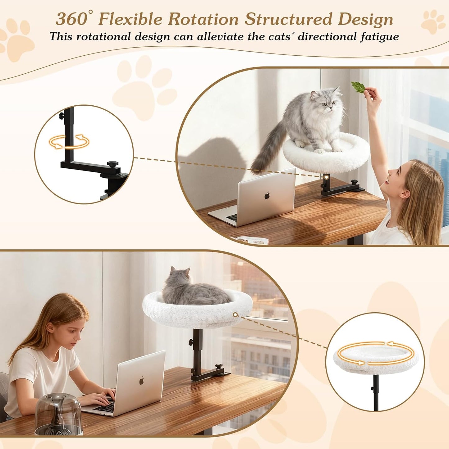 Adjustable Cat Desk Bed, 360° Rotatable Elevated Desk Cat Bed for Home Office, Space-Saving Design Table Supports Up to 60 lbs, Soft Faux Fur Bed with Removable Washable Cover (Beige)