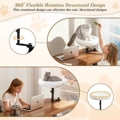Adjustable Cat Desk Bed, 360° Rotatable Elevated Desk Cat Bed for Home Office, Space-Saving Design Table Supports Up to 60 lbs, Soft Faux Fur Bed with Removable Washable Cover (Beige)