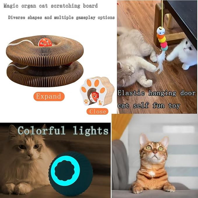 Kitty Curlz Interactive Cat Toy, Brown Accordion Kitty Curls Scratching Board with Paw Design, Bell Ball, Magnetic Collapsible Tunnel for Cats