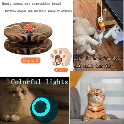 Kitty Curlz Interactive Cat Toy, Brown Accordion Kitty Curls Scratching Board with Paw Design, Bell Ball, Magnetic Collapsible Tunnel for Cats