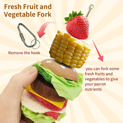 Bird Toys & Bird Perch, Bird Wooden Block Chewing Toy Parrot Foraging & Puzzle Toys Bird Cage Accessories for Conures Parakeets Cockatiels Lovebirds African Grey Macaws (Burger FruitFork)