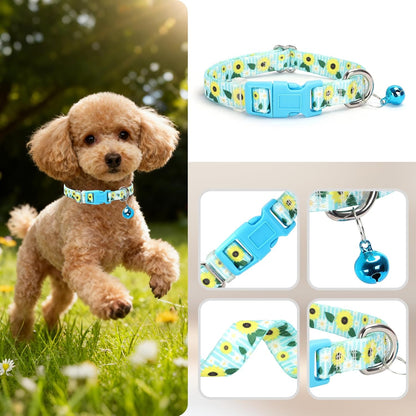 Small Dog Collar with Bell for Small Dogs, Adjustable Sunflower Print Collar for Chihuahua Pomeranian, Soft Comfort Tiny Dog Collar S