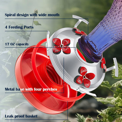 Hummingbird Feeder for Outdoors,17 OZ Glass Humming Bird Feeder for Garden,Backyard Decor,Four Flowers Feeding Ports,Leak Proof,Ant Moat Included,Humming Gifts for Women