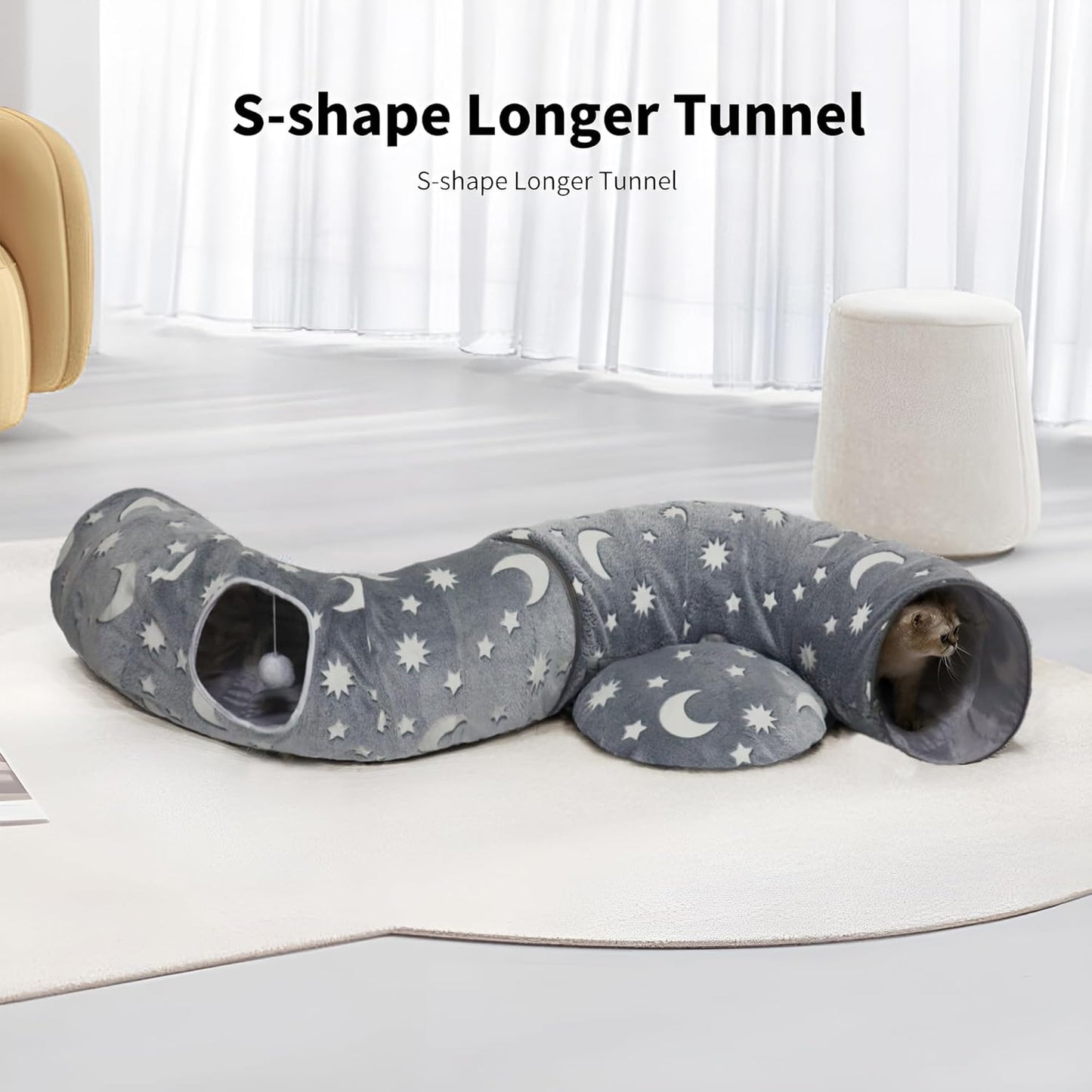 Cat Tunnel Bed for Indoor Cats with Washable Cushion Cat Cave Donut Tunnel with Fluffy Ball Big Round Tube Pet Playground Toys Soft Plush Peekaboo for Kitten, Cat, Puppy, Rabbit, Ferret（Moon Star）