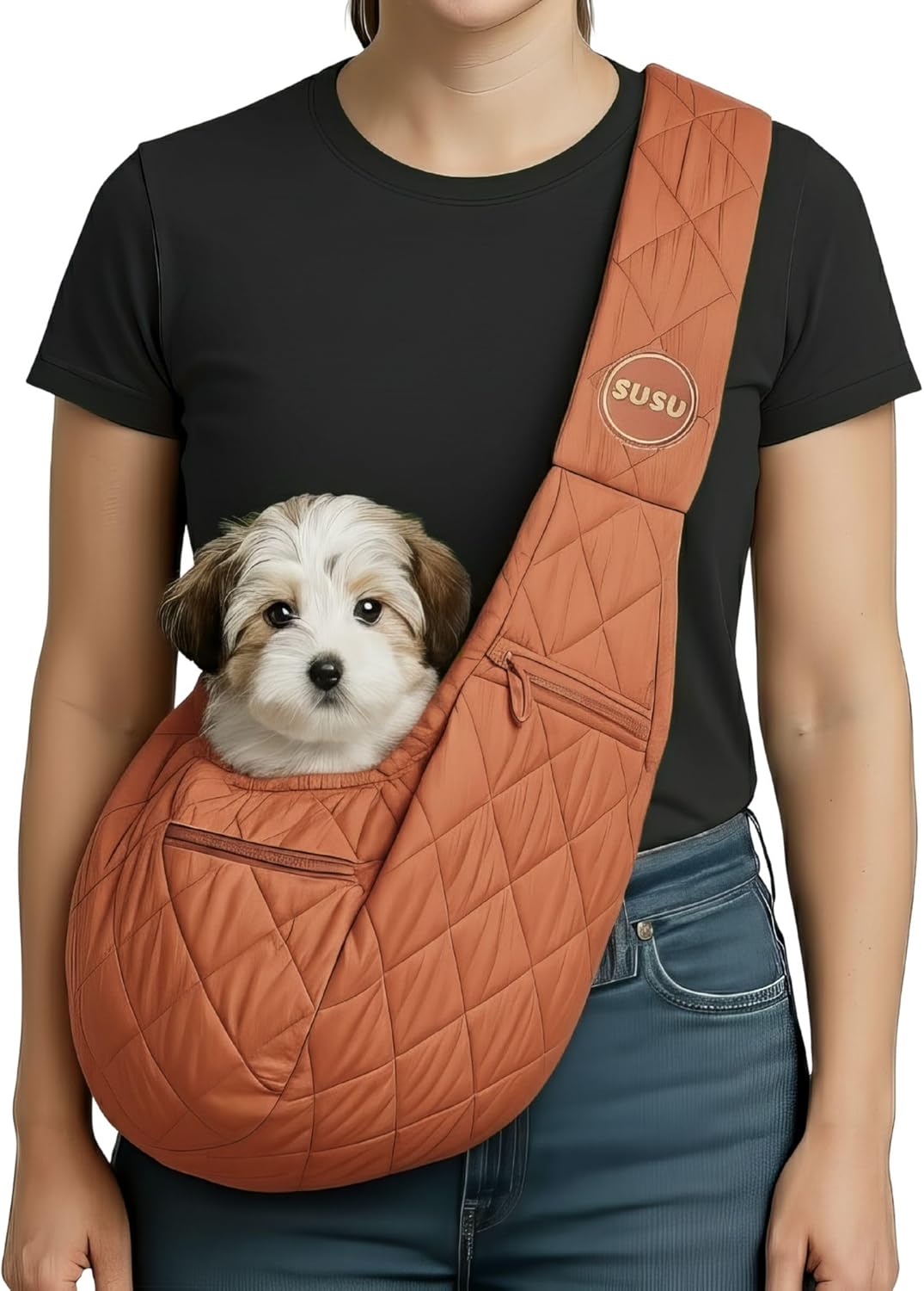 Small Dog Carrier Sling – Copper Brown Hands‑Free 2‑in‑1 Cross‑Body & Handheld Pet Sling for Small Toy Dogs up to 3-8 lb, Parachute‑Grade Rip‑Stop Nylon, Padded Strap & Safety Tether