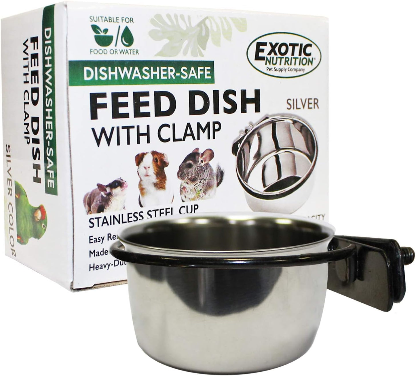 Stainless Steel Cup w/Holder - Durable Metal Mountable Food & Water Dish - Sugar Gliders, Hedgehogs, Chinchillas, Rats, Ferrets, Guinea Pigs, Rabbits, Squirrels, Birds (5 oz., Silver)