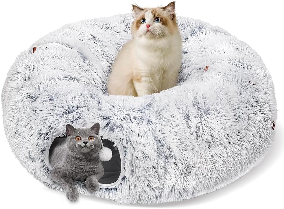 Cat Tunnel Bed for Indoor Cats, Peekaboo Cat Cave with Washable Soft Play Mat, Furry Cat Tube, for Kitten/Puppy/Rabbit, Grey