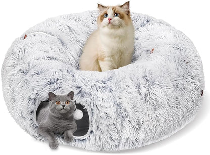Cat Tunnel Bed for Indoor Cats, Peekaboo Cat Cave with Washable Soft Play Mat, Furry Cat Tube, for Kitten/Puppy/Rabbit, Grey